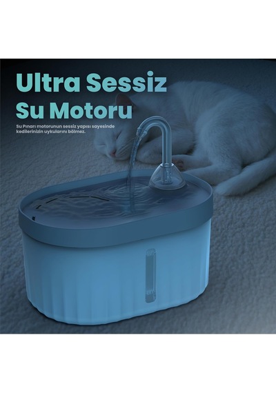 Aquata Otomatik Kedi Su Pınarı Ultra Sessiz Kedi Su Sebili 40db Usb Bağlantılı 2,3 Lt Mavi, Standart