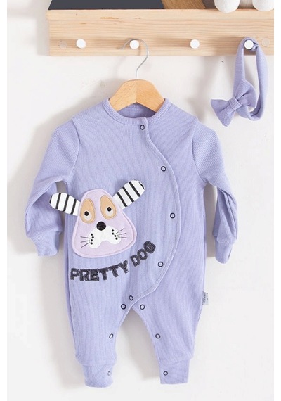Baby Donat Pretty Dog Nakışlı Bandanalı % 100 Pamuk Kız Bebek Tulumu Lila
