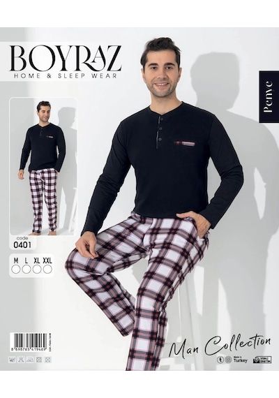 Boyraz 0401 Erkek Uzun Kol Pijama Takımı Siyah