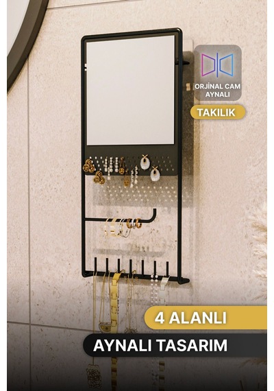 Takı Düzenleyici Takılık Kolye Küpe Bileklik Askılık Aynalı Tasarım Lüks Siyah Mat Ayna