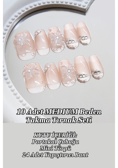 Medıum Beden Kısa Takma Tırnak Çiçek Charm 10 Adet Takma Tırnak Seti T068 Çiçek