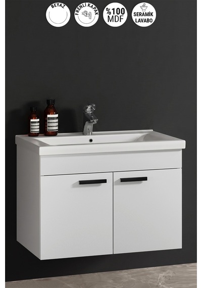 Çiğdem Kulplu 80 Cm Beyaz Mdf Seramik Lavabolu Asma Banyo Alt Dolabı