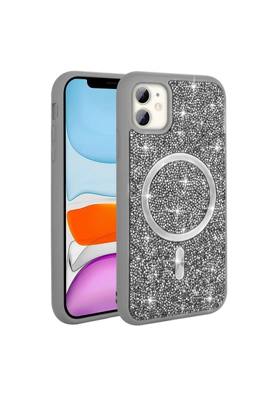 Ariatech Apple Uyumlu iPhone 11 Kılıf Pırlanta Tasarımlı Magsafe Şarj Özellikli Mozaik Silikon Kap Gri