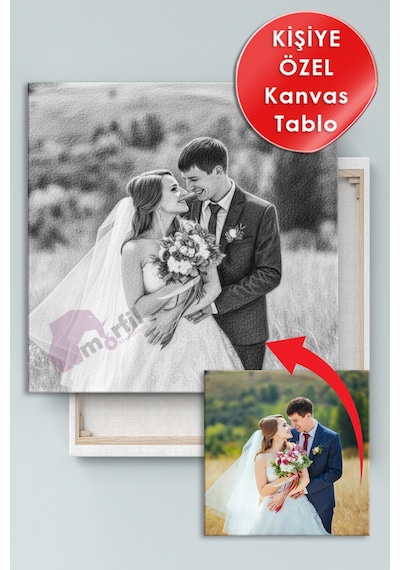 Kişiye Özel Karakalem Efektli Fotoğraf Dijital Baskı Dekoratif Kanvas Tablo 8 Farklı Ölçü