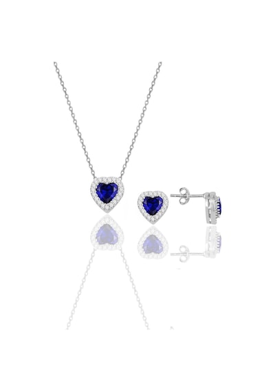 Gümüş Rodyumlu Safir Taşlı Pırlanta Modeli Kalp Kolye Ve Küpe İkili Set