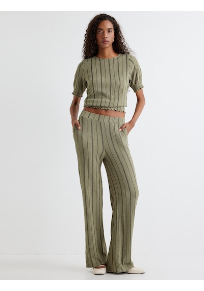 Koton Bol Paça Pantolon Cepli Dokulu Standart Bel Yeşil Çizgili 4sak40130ek Yeşil
