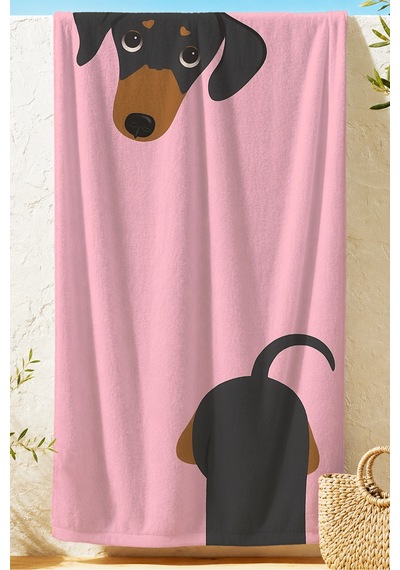 Sevimli Köpek Figürlü Çocuk Plaj Havlusu - Pembe Modern Hayvan Temalı Hızlı Kuruyan Mikrofiber Havlu Bulut Defne