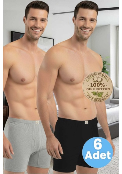 Tezzgelsin Erkek %100 Pamuklu 6'lı Süprem Kumaş Penye Boxer Gri - Siyah