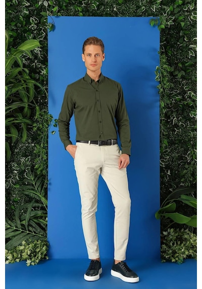 Efor Slim Fit Düğmeli Yaka Pamuklu Klasik Haki Gömlek Gk 715 Haki