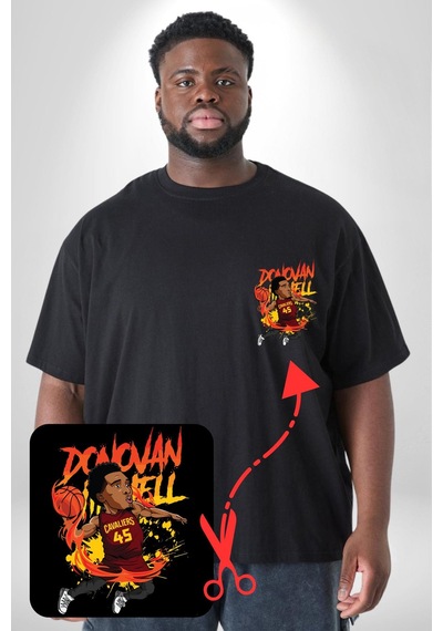 Angemiel Donovan Mitchell Basketbol Karikatür Siyah Büyük Beden Kadın Basic Minimal Baskılı Tişört Siyah