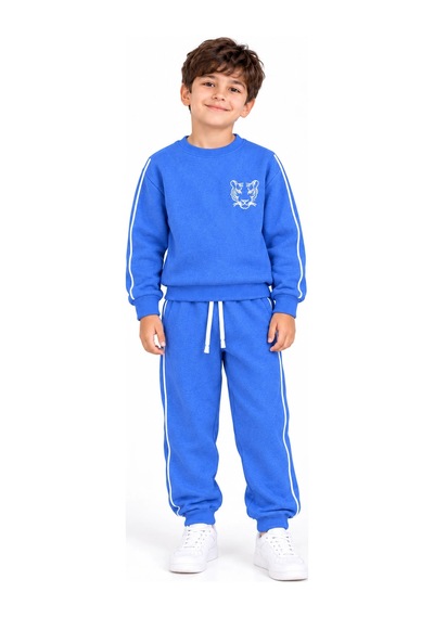 Rony Pony Kids 3 İplik Şardonlu Kaplan Figürlü Beyaz Biyeli Mavi Erkek Çocuk Eşofman Takımı