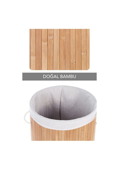 Naturel Yuvarlak Kirli Çamaşır Sepeti - Bambu Katlanabilir Çamaşır Sepeti Sele 35x50 Cm 60 Lt Bej Bej