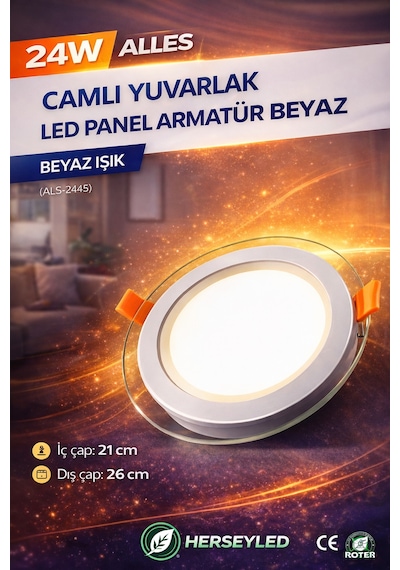 24w Camlı Yuvarlak Led Panel Armatür Beyaz Beyaz