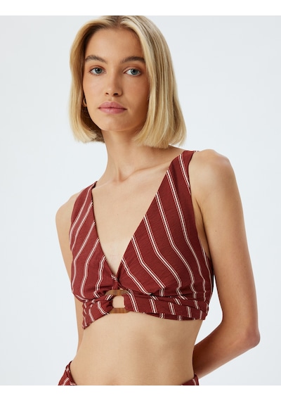 Koton Koton X Melis Ağazat - Crop Büstiyer V Yaka Viskon Gipeli Slim Fit Kahverengi Çizgili 4sak30144ew