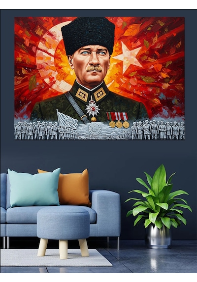 Türk Bayrağı Mareşal Mustafa Kemal Atatürk Ve Kahraman Türk Askeri Dekoratif Kanvas - Mdf Ahşap Tablo