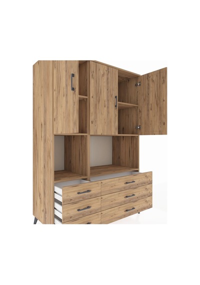 Kronos Dolap 6 Raflı 6 Çekmeceli 3 Kapaklı 132x59x195 Çam-çam/çam Atlas Çam/atlas Çam