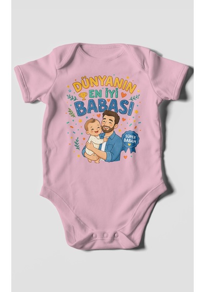 Morivokids Dünyanın En İyi Babası Kısa Kollu Bebek Body %100 Pamuk Koyu Pembe