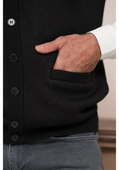 Woolen World Regular Fit Ön Cepli Desenli Kolsuz Erkek Triko Yelek Siyah