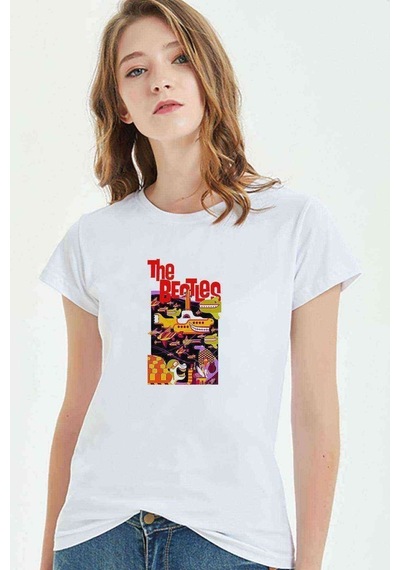 Beatles Yellow Submarıne Baskılı Beyaz Kadın Tshirt