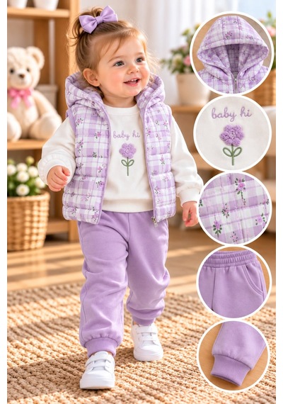 Baby Hi Süzine Çiçekli Şişme Yelekli Kız Üçlü Takım 9-18 Aylık -dü670342 - Mor