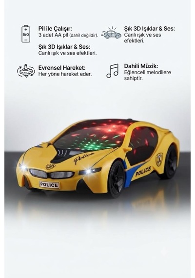 Çarp Dön Araba 1:18 Ölçekli 25 Cm Müzikli Ve 3d Işıklı Pilli Eğlenceli Oyuncak Polis Arabası Sarı