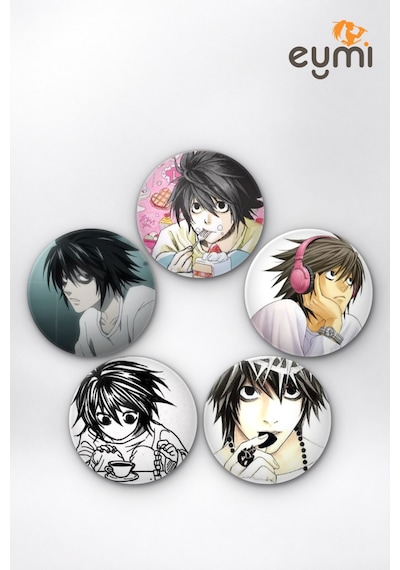 Death Note L Lawliet Dedektif & Tatlılar İğneli Buton Rozet 5li Set Çok Renkli
