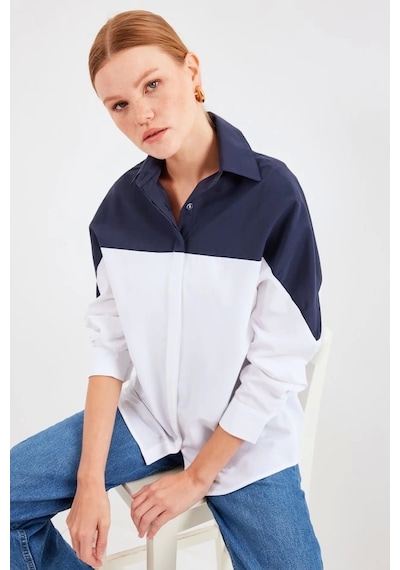 Defymoda 20221 Blok Renkli Oversize Gömlek - Lacivert Laci Vert Lacivert