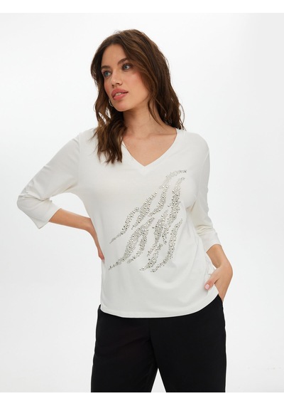 Faik Sönmez Önü Trok Taş Detaylı 3/4 Kol V Yaka T-shirt S25tsh068 Us25tsh06873 Ekru