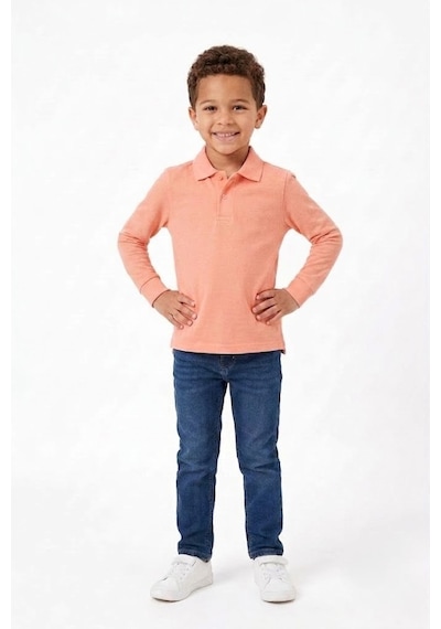 Nacar Store Unisex Çocuk Uzun Kollu Polo Yaka Lakost Okul Tişörtü Somon