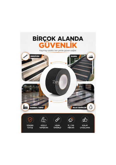 50mm X 5 Metre Siyah Kaydırmaz Bant Güçlü Yapışkanlı Merdiven, Rampa Ve Islak Zemin Güvenlik Bandı