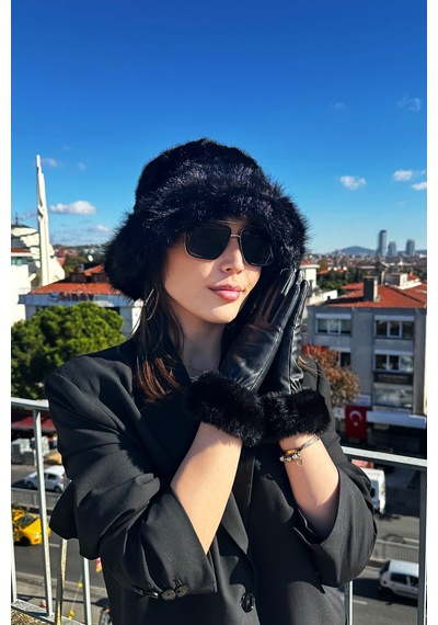 Mollycrush Kadın Siyah Kürk Bucket Şapka Ve Eldiven Trend Kışlık Set Siyah
