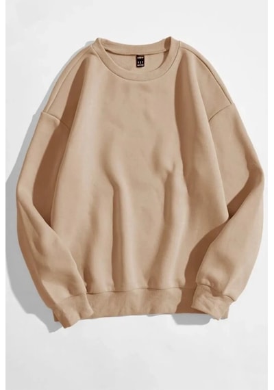 Hırsch Unisex Bej Oversize Düz Bisiklet Yaka Sweatshirt Bej