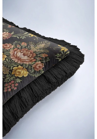 Vintage Çiçek Şato Zarafeti Saçaklı Yastık Kılıfı-goblen Floral Retro Hardal Püsküllü Kırlent Kılıfı Gri