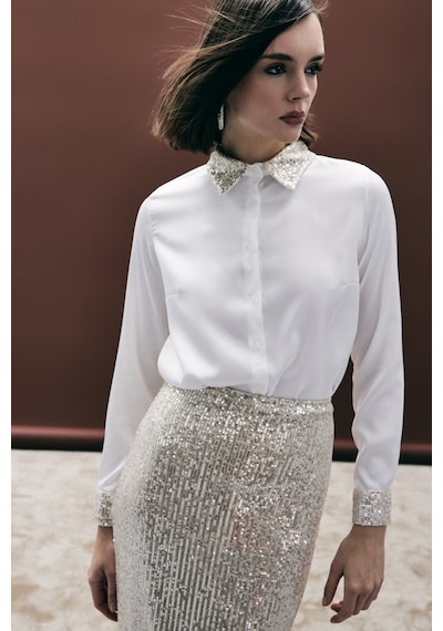 Sateen Payet Detaylı Saten Gömlek - Bej-136686 bej