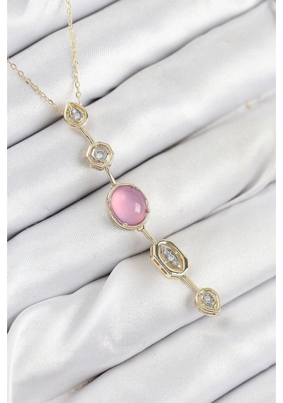 Kolye Pirinç Zincir Pembe Gold Renk Zirkon Taşlı Y Diğer