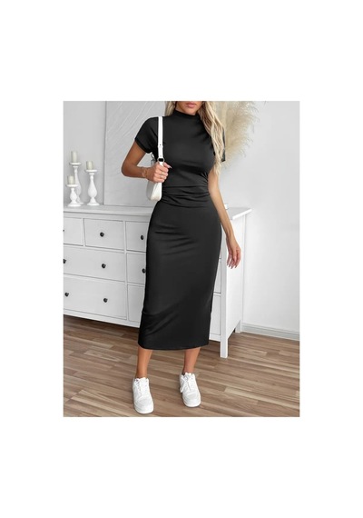 Butik İstanbul Kadın Yarı Balıkçı Yaka Yırtmaçlı Dalgıç Midi Elbise Siyah
