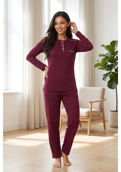 Aura Collections Kadın Pamuklu Uzun Kollu Üç Düğmeli Biyeli Soft Örme Pijama Takımı Mor