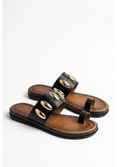 Giamgia Store Giamgia Kadın Siyah Altın Zımbalı Düz Parmak Arası Terlik-2403