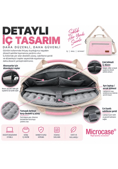 Microcase Macbook Air 15 İnch M4 2025 İle Uyumlu Macbook Taşıma Çantası Darbe Korumalı Omuz Askılı Çok Bölmeli Krem Pembe Al5694