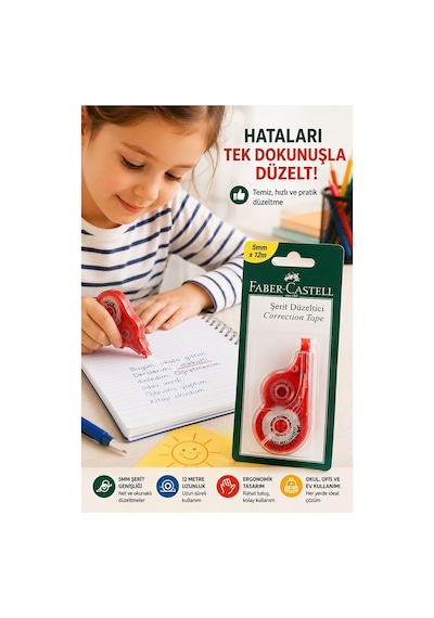 Şerit Daksil Beyaz 5mmx12 Metre 2 Adet Faber Castell Şerit Düzeltici Şerit Silici Yazı Silici Büro Ofis Okul