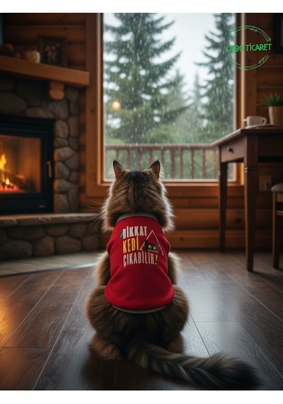 Dikkat Kedi Çıkabilir Yazılı Kırmızı Kedi Ve Köpek Kıyafeti Elbisesi