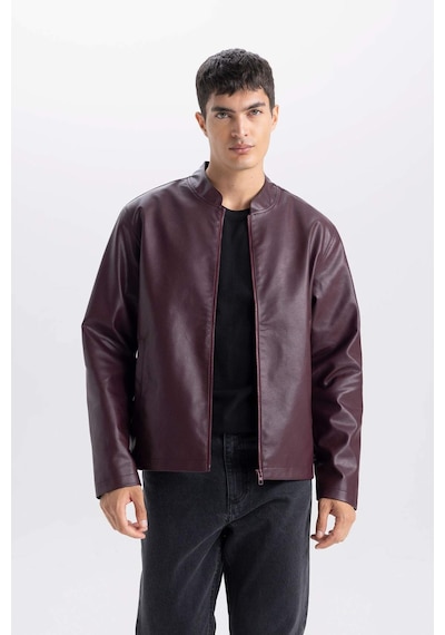 DeFacto Su İtici Slim Fit Dar Kesim Dik Yaka Fermuarlı Suni Deri Mont D8525AX25SPBR34
