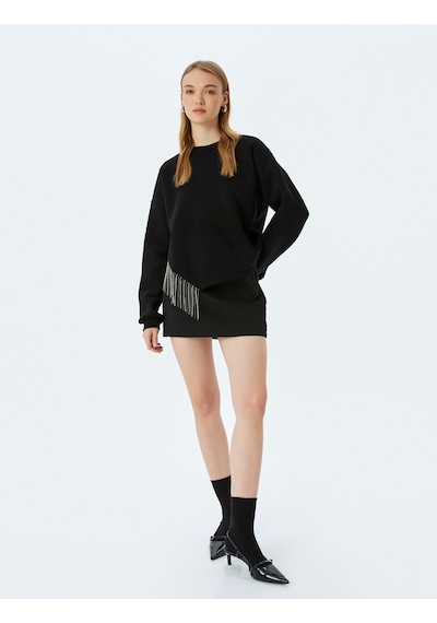 Koton Bisiklet Yaka Taş Detaylı Uzun Kollu Oversize Sweatshirt Siyah 5wal10771ık Siyah