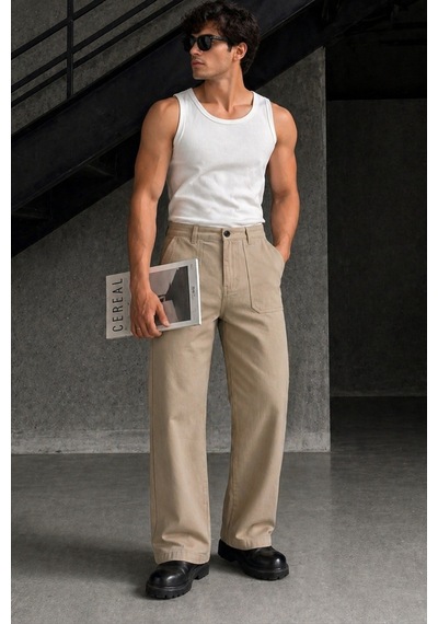 Tarz Cool Erkek Baggy Fit Old Money Cep Detaylı Pantolon Vizon