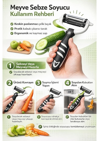 Profesyonel Paslanmaz Çelik Sebze Meyve Soyucu Ergonomik Tutma Saplı Kaymaz Kabuk Soyacağı Patates Havuç Elma Salat Diğer