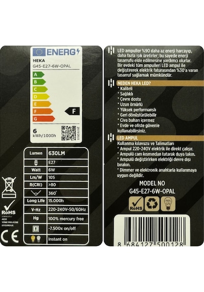 5 Adet Heka 6w 48w 3000k Sarı Işık E27 Duylu Soft Led G45 Ampul Heka