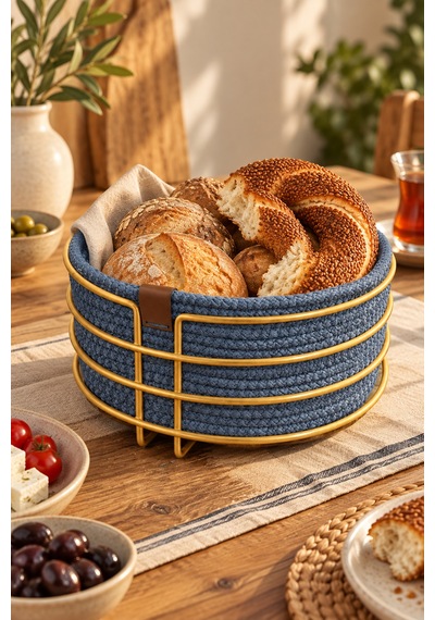 Mat Gold Yuvarlak Ekmek Sepeti, Ekmeklik Sunum Sepeti, Turkuaz Makrome Çok Amaçlı Paslanmaz Metal Çok Renkli