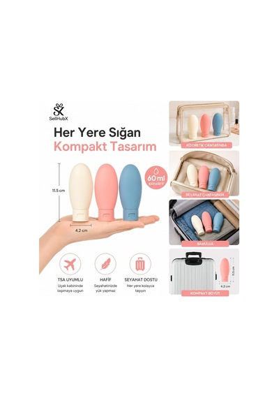 3'lü Silikon Seyahat Şişesi Seti 60 Ml Bpa Free Sızdırmaz Seyahat Boy Şampuan, Losyon Ve Kozmetik Taşıma Şişesi