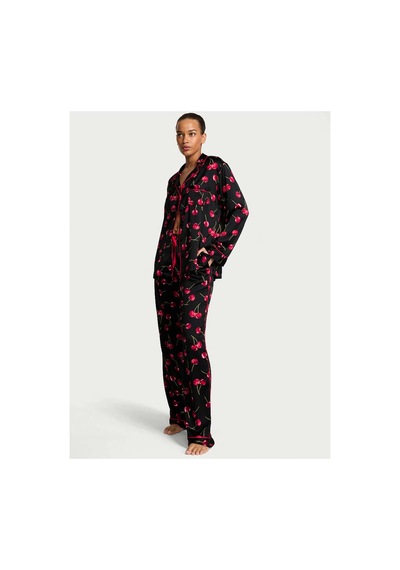Victoria's Secret Parlak Saten Uzun Pijama Takımı Siyah Kiraz Baskılı