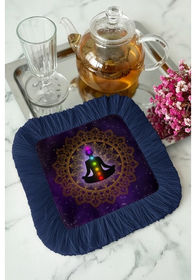 Mandala Saçaklı Sunum Peçetesi - Meditasyon Temalı Bohem Mor Lacivert Bardak Altlığı Mendil Çok Renkli